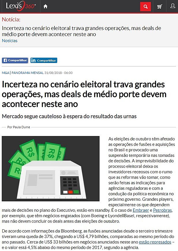 Incerteza no cenrio eleitoral trava grandes operaes, mas deals de mdio porte devem acontecer neste ano